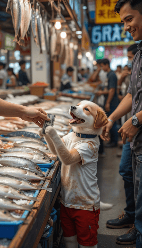 How a Street-Smart Puppy Mastered Fish Market Fundraising with AI Video Magic #digenai #FreeAIVideoGenerator