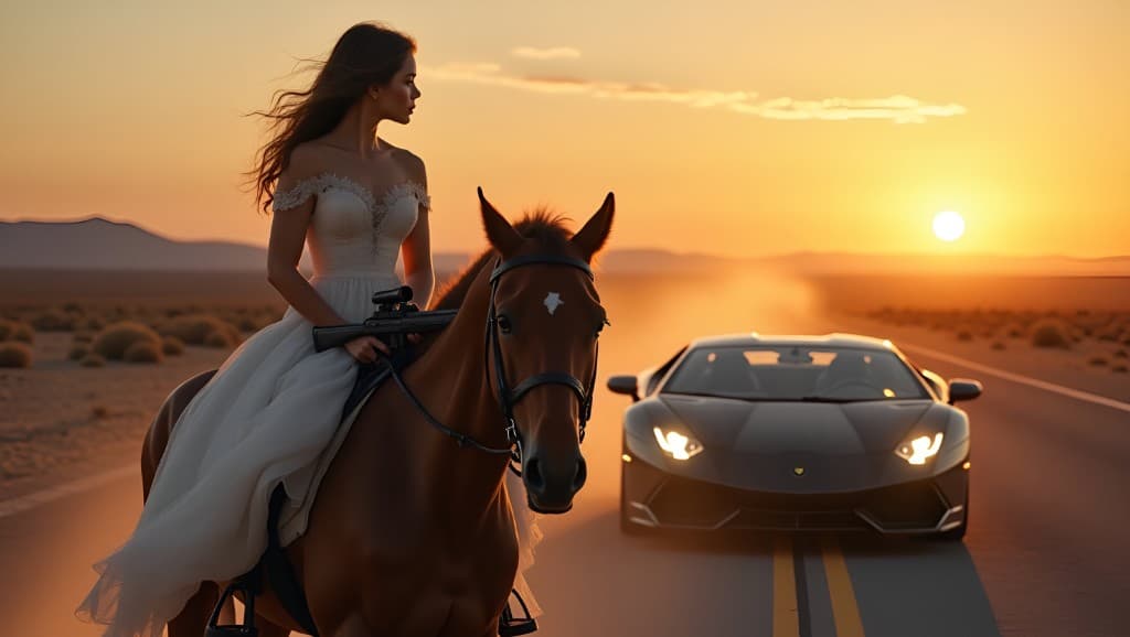 Sunset Showdown: How AI Brought a Bride, Horse, and Supercar to Life #digen ai# #Free AI Video Generator#