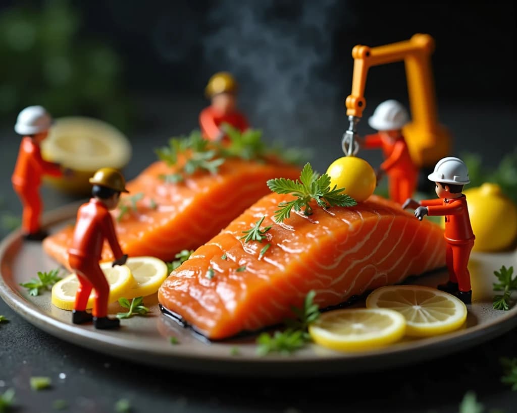 How AI Brought a Salmon Dinner to Life with Tiny Construction Crews? #digen ai# #FreeAIVideoGenerator