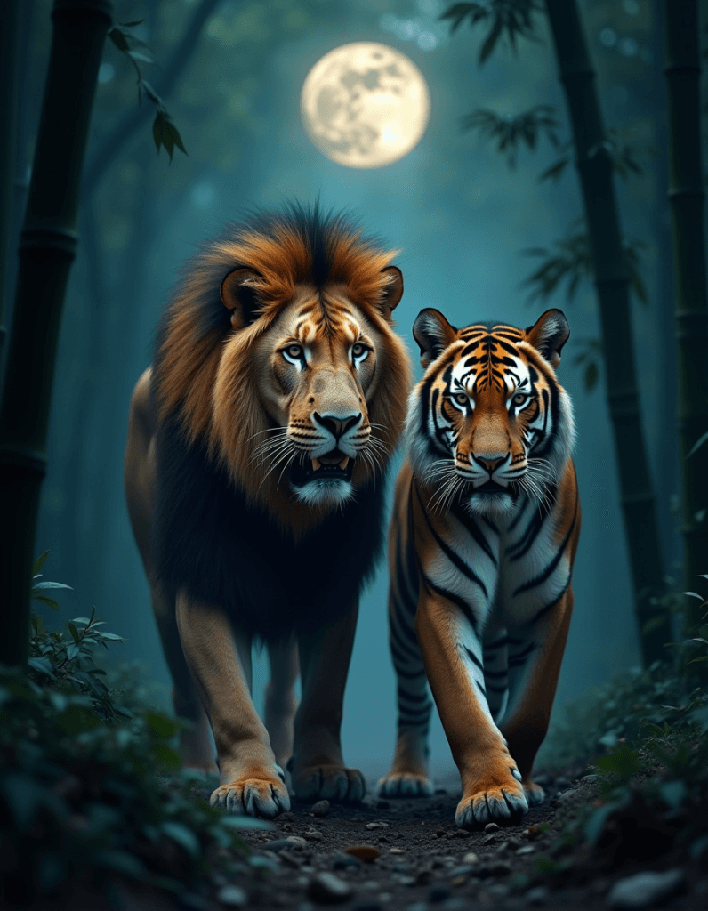 How AI Brought Moonlit Majesty to Life: Lion & Tiger’s Epic Encounter #digenai #FreeAIVideoGenerator